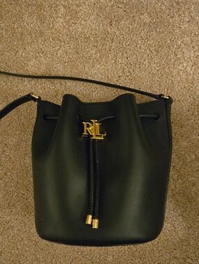 Ralph Lauren Black Leather Drawstring Crossbody with Gold RL Logo